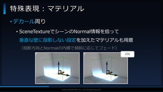 V F X S T U D Y G R O U P©2019 SQUARE ENIX CO., LTD. All Rights Reserved.
• デカール周り
• SceneTextureでシーンのNormal情報を拾って
垂直な壁に投影しない設定を加えたマテリアルも用意
（投影方向とNormalの内積で傾斜に応じてフェード）
特殊表現：マテリアル
ON
 