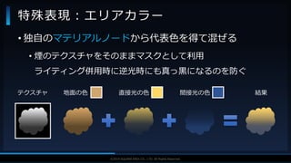 V F X S T U D Y G R O U P©2019 SQUARE ENIX CO., LTD. All Rights Reserved.
• 独自のマテリアルノードから代表色を得て混ぜる
• 煙のテクスチャをそのままマスクとして利用
ライティング併用時に逆光時にも真っ黒になるのを防ぐ
特殊表現：エリアカラー
テクスチャ 直接光の色 間接光の色地面の色 結果
 