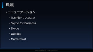 V F X S T U D Y G R O U P©2019 SQUARE ENIX CO., LTD. All Rights Reserved.
環境
• コミュニケーション
• 気を付けていたこと
• Skype for Business
• Skype
• Outlook
• Mattermost
 