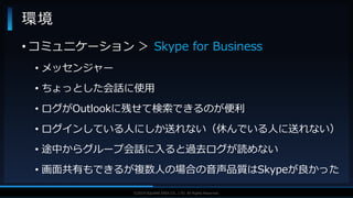 V F X S T U D Y G R O U P©2019 SQUARE ENIX CO., LTD. All Rights Reserved.
環境
• コミュニケーション ＞ Skype for Business
• メッセンジャー
• ちょっとした会話に使用
• ログがOutlookに残せて検索できるのが便利
• ログインしている人にしか送れない（休んでいる人に送れない）
• 途中からグループ会話に入ると過去ログが読めない
• 画面共有もできるが複数人の場合の音声品質はSkypeが良かった
 