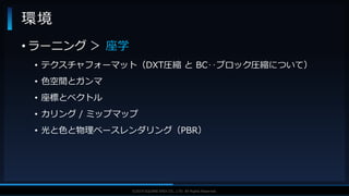 V F X S T U D Y G R O U P©2019 SQUARE ENIX CO., LTD. All Rights Reserved.
• ラーニング ＞ 座学
• テクスチャフォーマット（DXT圧縮 と BC‥ブロック圧縮について）
• 色空間とガンマ
• 座標とベクトル
• カリング / ミップマップ
• 光と色と物理ベースレンダリング（PBR）
環境
 