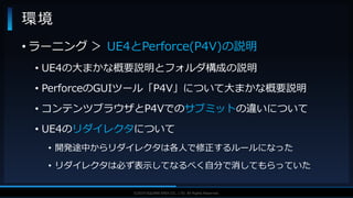 V F X S T U D Y G R O U P©2019 SQUARE ENIX CO., LTD. All Rights Reserved.
• ラーニング ＞ UE4とPerforce(P4V)の説明
• UE4の大まかな概要説明とフォルダ構成の説明
• PerforceのGUIツール「P4V」について大まかな概要説明
• コンテンツブラウザとP4Vでのサブミットの違いについて
• UE4のリダイレクタについて
• 開発途中からリダイレクタは各人で修正するルールになった
• リダイレクタは必ず表示してなるべく自分で消してもらっていた
環境
 