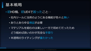 V F X S T U D Y G R O U P©2019 SQUARE ENIX CO., LTD. All Rights Reserved.
基本戦略
• 初HD機、初UE4で困ったこと‥
• 社内ツールに当然のようにある機能が色々と無い
• ありとあらゆる検証が必要
• マテリアルを組むのは楽しい一方で初めてだったため
どう組めば良いのかが完全な手探り
• 半透明のライティングが重たかった
 