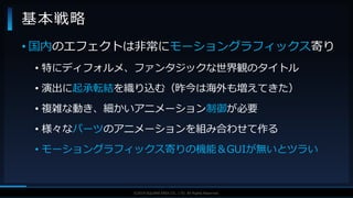 V F X S T U D Y G R O U P©2019 SQUARE ENIX CO., LTD. All Rights Reserved.
基本戦略
• 国内のエフェクトは非常にモーショングラフィックス寄り
• 特にディフォルメ、ファンタジックな世界観のタイトル
• 演出に起承転結を織り込む（昨今は海外も増えてきた）
• 複雑な動き、細かいアニメーション制御が必要
• 様々なパーツのアニメーションを組み合わせて作る
• モーショングラフィックス寄りの機能＆GUIが無いとツラい
 
