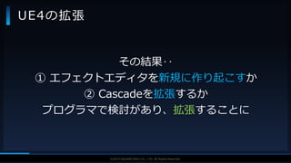 V F X S T U D Y G R O U P©2019 SQUARE ENIX CO., LTD. All Rights Reserved.
UE4の拡張
その結果‥
① エフェクトエディタを新規に作り起こすか
② Cascadeを拡張するか
プログラマで検討があり、拡張することに
 