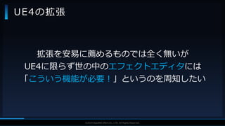 V F X S T U D Y G R O U P©2019 SQUARE ENIX CO., LTD. All Rights Reserved.
UE4の拡張
拡張を安易に薦めるものでは全く無いが
UE4に限らず世の中のエフェクトエディタには
「こういう機能が必要！」というのを周知したい
 