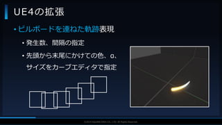 V F X S T U D Y G R O U P©2019 SQUARE ENIX CO., LTD. All Rights Reserved.
UE4の拡張
• ビルボードを連ねた軌跡表現
• 発生数、間隔の指定
• 先頭から末尾にかけての色、α、
サイズをカーブエディタで指定
 