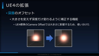 V F X S T U D Y G R O U P©2019 SQUARE ENIX CO., LTD. All Rights Reserved.
UE4の拡張
• 深度のオフセット
• 大きさを変えず深度だけ変わるように補正する機能
• UE4標準のCamera Offsetでは大きさに影響するため、使い分けた
 