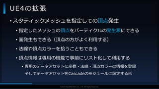 V F X S T U D Y G R O U P©2019 SQUARE ENIX CO., LTD. All Rights Reserved.
UE4の拡張
• スタティックメッシュを指定しての頂点発生
• 指定したメッシュの頂点をパーティクルの発生源にできる
• 面発生もできる（頂点の方がよく利用する）
• 法線や頂点カラーを拾うこともできる
• 頂点情報は専用の機能で事前にリスト化して利用する
• 専用のデータアセットに座標・法線・頂点カラーの情報を登録
そしてデータアセットをCascadeのモジュールに設定する形
 