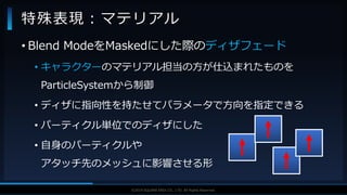 V F X S T U D Y G R O U P©2019 SQUARE ENIX CO., LTD. All Rights Reserved.
• Blend ModeをMaskedにした際のディザフェード
• キャラクターのマテリアル担当の方が仕込まれたものを
ParticleSystemから制御
• ディザに指向性を持たせてパラメータで方向を指定できる
• パーティクル単位でのディザにした
• 自身のパーティクルや
アタッチ先のメッシュに影響させる形
特殊表現：マテリアル
 