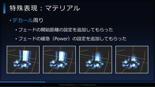 V F X S T U D Y G R O U P©2019 SQUARE ENIX CO., LTD. All Rights Reserved.
• デカール周り
• フェードの開始距離の設定を追加してもらった
• フェードの緩急（Power）の設定を追加してもらった
特殊表現：マテリアル
 