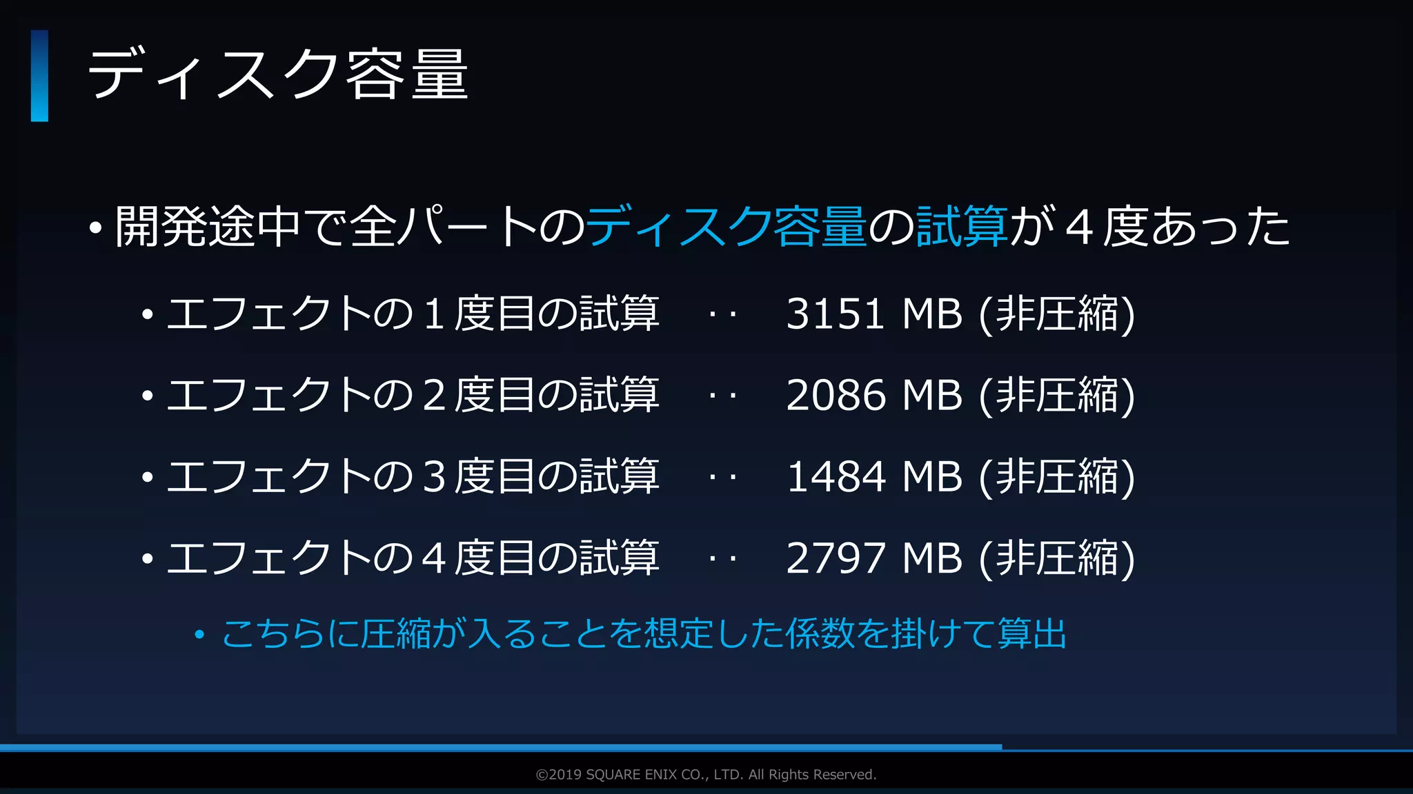 V F X S T U D Y G R O U P©2019 SQUARE ENIX CO., LTD. All Rights Reserved.
• 開発途中で全パートのディスク容量の試算が４度あった
• エフェクトの１度目の試算 ‥ 3151 MB (非圧縮)
• エフェクトの２度目の試算 ‥ 2086 MB (非圧縮)
• エフェクトの３度目の試算 ‥ 1484 MB (非圧縮)
• エフェクトの４度目の試算 ‥ 2797 MB (非圧縮)
• こちらに圧縮が入ることを想定した係数を掛けて算出
ディスク容量
 