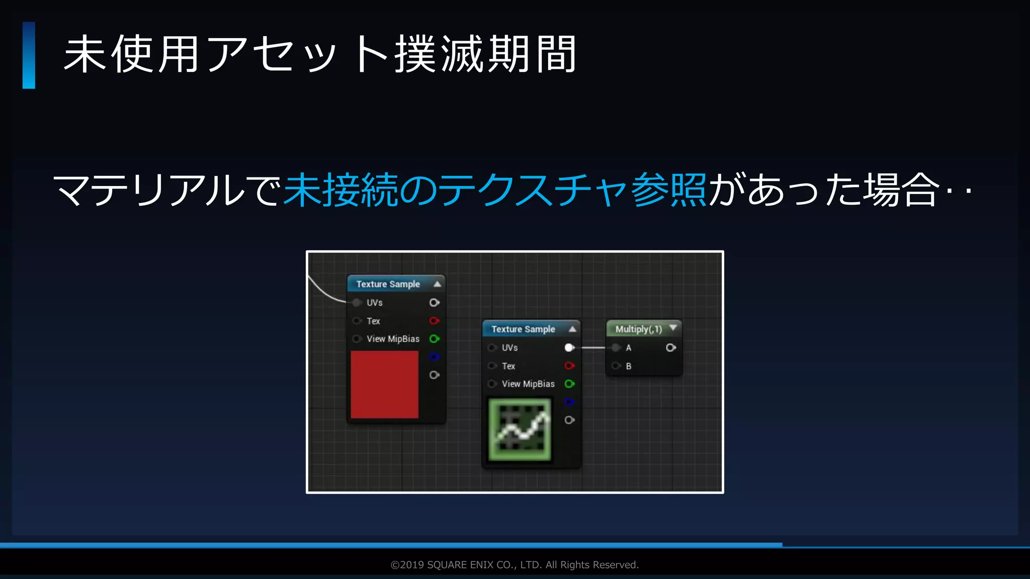 V F X S T U D Y G R O U P©2019 SQUARE ENIX CO., LTD. All Rights Reserved.
マテリアルで未接続のテクスチャ参照があった場合‥
未使用アセット撲滅期間
 