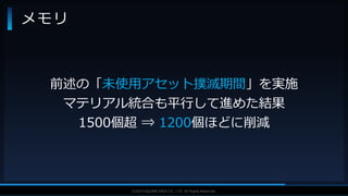 V F X S T U D Y G R O U P©2019 SQUARE ENIX CO., LTD. All Rights Reserved.
メモリ
前述の「未使用アセット撲滅期間」を実施
マテリアル統合も平行して進めた結果
1500個超 ⇒ 1200個ほどに削減
 