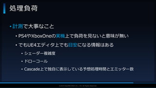V F X S T U D Y G R O U P©2019 SQUARE ENIX CO., LTD. All Rights Reserved.
• 計測で大事なこと
• PS4やXboxOneの実機上で負荷を見ないと意味が無い
• でもUE4エディタ上でも目安になる情報はある
• シェーダー複雑度
• ドローコール
• Cascade上で独自に表示している予想処理時間とエミッター数
処理負荷
 