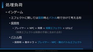 V F X S T U D Y G R O U P©2019 SQUARE ENIX CO., LTD. All Rights Reserved.
• インゲーム
• エフェクトに関しては探索時とバトル時で分けて考える形
• 探索時
• プレイヤー + NPC + 背景 + 背景エフェクト + UIなど
（背景エフェクトは背景の予算に含まれる形）
• バトル時
• 探索時 + 敵キャラ + プレイヤー・NPC・敵のバトルエフェクト
処理負荷
 
