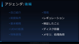 V F X S T U D Y G R O U P©2019 SQUARE ENIX CO., LTD. All Rights Reserved.
• 自己紹介
• 前提条件
• 基本戦略
• UE4の拡張
• 特殊表現
アジェンダ:後編
• 環境
• レギュレーション
• 検証したこと
• ディスク容量
• メモリ、処理負荷
 