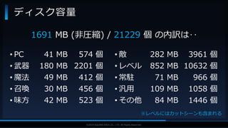 V F X S T U D Y G R O U P©2019 SQUARE ENIX CO., LTD. All Rights Reserved.
ディスク容量
1691 MB (非圧縮) / 21229 個 の内訳は‥
• PC
• 武器
• 魔法
• 召喚
• 味方
41 MB
180 MB
49 MB
30 MB
42 MB
• 敵
• レベル
• 常駐
• 汎用
• その他
282 MB
852 MB
71 MB
109 MB
84 MB
574 個
2201 個
412 個
456 個
523 個
3961 個
10632 個
966 個
1058 個
1446 個
※レベルにはカットシーンも含まれる
 