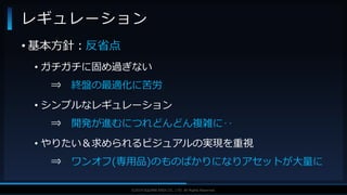 V F X S T U D Y G R O U P©2019 SQUARE ENIX CO., LTD. All Rights Reserved.
• 基本方針：反省点
• ガチガチに固め過ぎない
⇒ 終盤の最適化に苦労
• シンプルなレギュレーション
⇒ 開発が進むにつれどんどん複雑に‥
• やりたい＆求められるビジュアルの実現を重視
⇒ ワンオフ(専用品)のものばかりになりアセットが大量に
レギュレーション
 