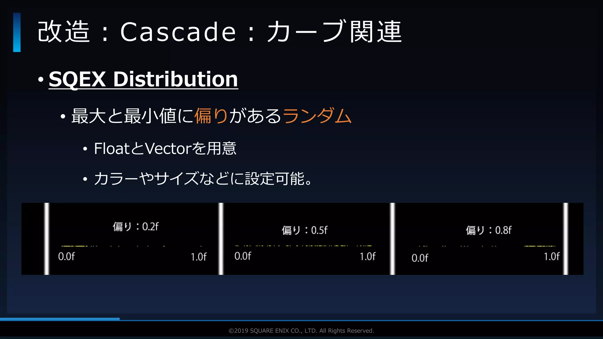V F X S T U D Y G R O U P©2019 SQUARE ENIX CO., LTD. All Rights Reserved.
• SQEX Distribution
• 最大と最小値に偏りがあるランダム
• FloatとVectorを用意
• カラーやサイズなどに設定可能。
改造：Cascade：カーブ関連
 