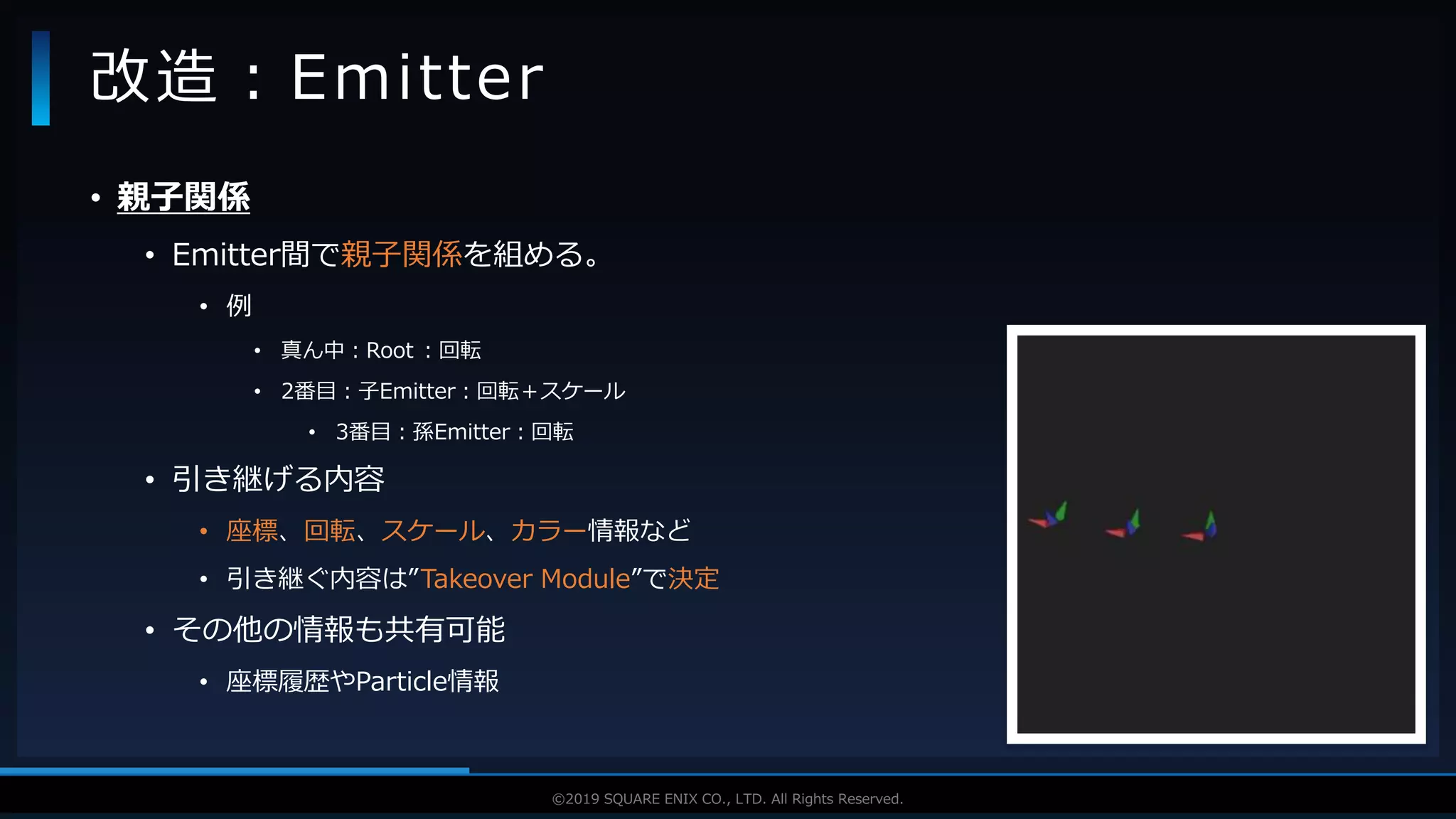 V F X S T U D Y G R O U P©2019 SQUARE ENIX CO., LTD. All Rights Reserved.
• 親子関係
• Emitter間で親子関係を組める。
• 例
• 真ん中：Root ：回転
• 2番目：子Emitter：回転＋スケール
• 3番目：孫Emitter：回転
• 引き継げる内容
• 座標、回転、スケール、カラー情報など
• 引き継ぐ内容は”Takeover Module”で決定
• その他の情報も共有可能
• 座標履歴やParticle情報
改造：Emitter
 
