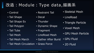 V F X S T U D Y G R O U P©2019 SQUARE ENIX CO., LTD. All Rights Reserved.
• Control
• Tail Shape
• Tail Shape Ex
• Tail Polygon
• Tail Tube
• Tail Mesh
• Tail Mesh March
• Tail Mesh Circulation
改造：Module：Type data,描画系
• Restraint Tail
• Decal
• Thunder
• Dynamic Shape
• Fragment
• LineRoad Mesh
• Gather After Burst
• Grass Force
• Skeletal Mesh
• LineRoad
• Triangle Particle
• Voxel Mesh
• GPU Mesh Particle
• GPU Fluid
• 2D Fluid
 