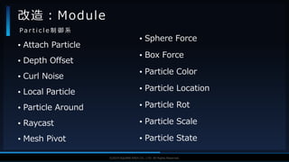 V F X S T U D Y G R O U P©2019 SQUARE ENIX CO., LTD. All Rights Reserved.
• Attach Particle
• Depth Offset
• Curl Noise
• Local Particle
• Particle Around
• Raycast
• Mesh Pivot
改造：Module
P a r t i c l e 制 御 系
• Sphere Force
• Box Force
• Particle Color
• Particle Location
• Particle Rot
• Particle Scale
• Particle State
 