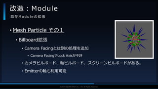 V F X S T U D Y G R O U P©2019 SQUARE ENIX CO., LTD. All Rights Reserved.
• Mesh Particle その１
• Billboard拡張
• Camera Facingとは別の処理を追加
• Camera FacingやLock Axisが不評
• カメラビルボード、軸ビルボード、スクリーンビルボードがある。
• Emitterの軸も利用可能
改造：Module
既 存 M o d u l e の 拡 張
 