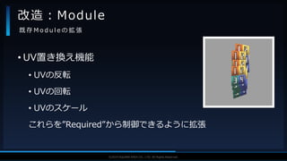 V F X S T U D Y G R O U P©2019 SQUARE ENIX CO., LTD. All Rights Reserved.
• UV置き換え機能
• UVの反転
• UVの回転
• UVのスケール
これらを”Required”から制御できるように拡張
改造：Module
既 存 M o d u l e の 拡 張
 
