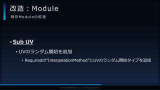 V F X S T U D Y G R O U P©2019 SQUARE ENIX CO., LTD. All Rights Reserved.
• Sub UV
• UVのランダム開始を追加
• Requiredの“InterpolationMethod”にUVのランダム開始タイプを追加
改造：Module
既 存 M o d u l e の 拡 張
 