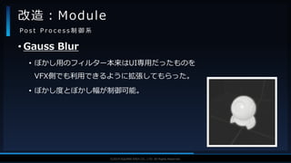V F X S T U D Y G R O U P©2019 SQUARE ENIX CO., LTD. All Rights Reserved.
• Gauss Blur
• ぼかし用のフィルター本来はUI専用だったものを
VFX側でも利用できるように拡張してもらった。
• ぼかし度とぼかし幅が制御可能。
改造：Module
P o s t P r o c e s s 制 御 系
 