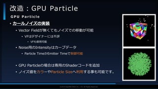 V F X S T U D Y G R O U P©2019 SQUARE ENIX CO., LTD. All Rights Reserved.
• カールノイズの実装
• Vector Fieldが無くてもノイズでの移動が可能
• VFはデザイナーには不評
• VFも使用可能
• Noise用のIntensityはカーブデータ
• Particle TimeかEmitter Timeで制御可能
• GPU Particleの場合は専用のShaderコードを追加
• ノイズ値をカラーやParticle Sizeへ利用する事も可能です。
改造：GPU Particle
G P U P a r t i c l e
 