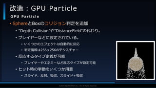 V F X S T U D Y G R O U P©2019 SQUARE ENIX CO., LTD. All Rights Reserved.
• SphereとBoxのコリジョン判定を追加
• “Depth Collision”や”DistanceField”の代わり。
• プレイヤーなどに設定されている。
• いくつかのエフェクトは自動的に反応
• 判定情報は256ｘ256のテクスチャー
• 反応するタイプ定義が可能
• プレイヤーやエネミーなど反応タイプが設定可能
• ヒット時の挙動をいくつか用意
• スライド、反射、吸収、スライド＋吸収
改造：GPU Particle
G P U P a r t i c l e
 