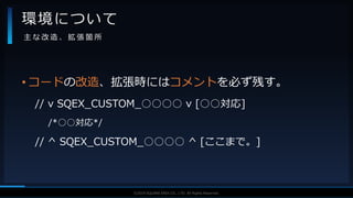 V F X S T U D Y G R O U P©2019 SQUARE ENIX CO., LTD. All Rights Reserved.
• コードの改造、拡張時にはコメントを必ず残す。
// v SQEX_CUSTOM_○○○○ v [○○対応]
/*○○対応*/
// ^ SQEX_CUSTOM_○○○○ ^ [ここまで。]
環境について
主 な 改 造 、 拡 張 箇 所
 