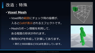 V F X S T U D Y G R O U P©2019 SQUARE ENIX CO., LTD. All Rights Reserved.
• Voxel Mesh
• Voxel用の範囲にチェック用の座標が、
入るとCellが表示されるエフェクトです。
• Meshのボーン情報を利用して、
ある程度の形状が作れます。
• 専用のCPを作成して計算してあります。
• 例だと9000個ほどのCellを表示しています。
改造：特殊
 