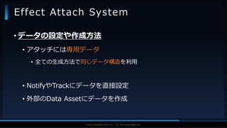 V F X S T U D Y G R O U P©2019 SQUARE ENIX CO., LTD. All Rights Reserved.
Effect Attach System
• データの設定や作成方法
• アタッチには専用データ
• 全ての生成方法で同じデータ構造を利用
• NotifyやTrackにデータを直接設定
• 外部のData Assetにデータを作成
 