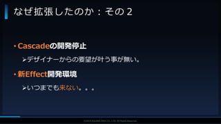 V F X S T U D Y G R O U P©2019 SQUARE ENIX CO., LTD. All Rights Reserved.
• Cascadeの開発停止
デザイナーからの要望が叶う事が無い。
• 新Effect開発環境
いつまでも来ない。。。
なぜ拡張したのか：その２
 