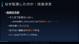 V F X S T U D Y G R O U P©2019 SQUARE ENIX CO., LTD. All Rights Reserved.
なぜ拡張したのか：改造決定
• 当初の方針
• そこまで拡張はしない。
• UE4を選択した以上はそこまで無理をしない・・・
• BPも使っていこう。
• 足りない機能は無理せず作る。
• ツールはプラグインで作る。
 