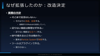 V F X S T U D Y G R O U P©2019 SQUARE ENIX CO., LTD. All Rights Reserved.
なぜ拡張したのか：改造決定
• 実際の方針
• そこまで拡張はしない。
• それなりに改造、拡張する。
• 描画回りのModuleも追加していく。
• 足りない機能は無理せず作る。
• 足りない機能はなるべく作る。
• BPで補えるところは補おう。
• 基本はParticle Systemで制御する。
• ツールはプラグインで作る。
• 変わらない。
 