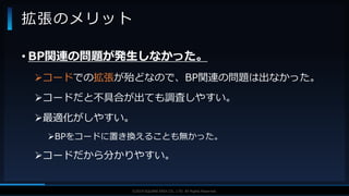 V F X S T U D Y G R O U P©2019 SQUARE ENIX CO., LTD. All Rights Reserved.
• BP関連の問題が発生しなかった。
コードでの拡張が殆どなので、BP関連の問題は出なかった。
コードだと不具合が出ても調査しやすい。
最適化がしやすい。
BPをコードに置き換えることも無かった。
コードだから分かりやすい。
拡張のメリット
 