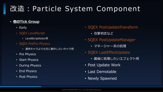 V F X S T U D Y G R O U P©2019 SQUARE ENIX CO., LTD. All Rights Reserved.
• 他のTick Group
• Early
• SQEX LevelScript
• LevelScriptActor用
• SQEX PrePre Physics
• 通常キャラよりも先に動作したいキャラ用
• Pre Physics
• Start Physics
• During Physics
• End Physics
• Post Physics
改造：Particle System Component
• SQEX PostUpdateTransform
• 攻撃判定など
• SQEX PostUpdateManager
• マネージャー系の処理
• SQEX LastEffectUpdate
• 最後に処理したいエフェクト用
• Post Update Work
• Last Demotable
• Newly Spawned
 