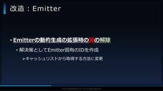 V F X S T U D Y G R O U P©2019 SQUARE ENIX CO., LTD. All Rights Reserved.
• Emitterの動的生成の拡張時の罠の解除
• 解決策としてEmitter固有のIDを作成
キャッシュリストから取得する方法に変更
改造：Emitter
 