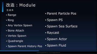 V F X S T U D Y G R O U P©2019 SQUARE ENIX CO., LTD. All Rights Reserved.
• Range
• Ring
• Any Vertex Spawn
• Bone Attach
• Vertex Spawn
• Quadrangle
• Spawn Parent History Pos
改造：Module
生 成 系
• Parent Particle Pos
• Spawn PS
• Spawn Sea Surface
• Raycast
• Spawn Actor
• Spawn Fluid
 