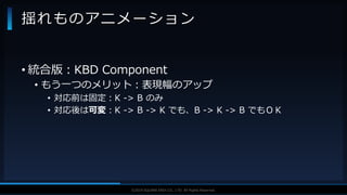 V F X S T U D Y G R O U P©2019 SQUARE ENIX CO., LTD. All Rights Reserved.
• 統合版：KBD Component
• もう一つのメリット：表現幅のアップ
• 対応前は固定：K -> B のみ
• 対応後は可変：K -> B -> K でも、B -> K -> B でもＯＫ
揺れものアニメーション
 