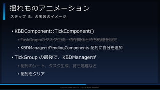 V F X S T U D Y G R O U P©2019 SQUARE ENIX CO., LTD. All Rights Reserved.
揺れものアニメーション
ス テ ッ プ B . の 実 装 の イ メ ー ジ
・タスク
• KBDComponent::TickComponent()
• TaskGraphのタスク生成、依存関係と待ち処理を設定
• KBDManager::PendingComponents 配列に自分を追加
• TickGroup の最後で、KBDManagerが
• 配列のソート、タスク生成、待ち処理など
• 配列をクリア
 