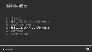 #UE4CEDEC
本講演の目次
1. はじめに
2. 基本のプロファイリングツール 1
3. プロファイルの流れ
4. 基本のプロファイリングツール 2
5. Showcase
6. まとめ＆おまけ
 