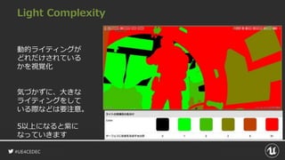 #UE4CEDEC
Light Complexity
動的ライティングが
どれだけされている
かを視覚化
気づかずに、大きな
ライティングをして
いる際などは要注意。
5以上になると紫に
なっていきます
 