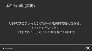 #UE4CEDEC
本日の内容 (再掲)
UE4のプロファイリングツールを俯瞰で眺めながら、
UE4上でどのように
プロファイルしていくのかを見ていきます
 