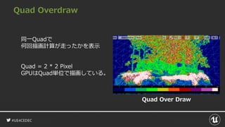 #UE4CEDEC
Quad Overdraw
同一Quadで
何回描画計算が走ったかを表示
Quad = 2 * 2 Pixel
GPUはQuad単位で描画している。
Quad Over Draw
 