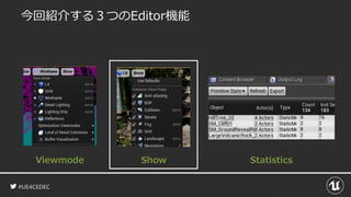 #UE4CEDEC
今回紹介する３つのEditor機能
Viewmode Show Statistics
 